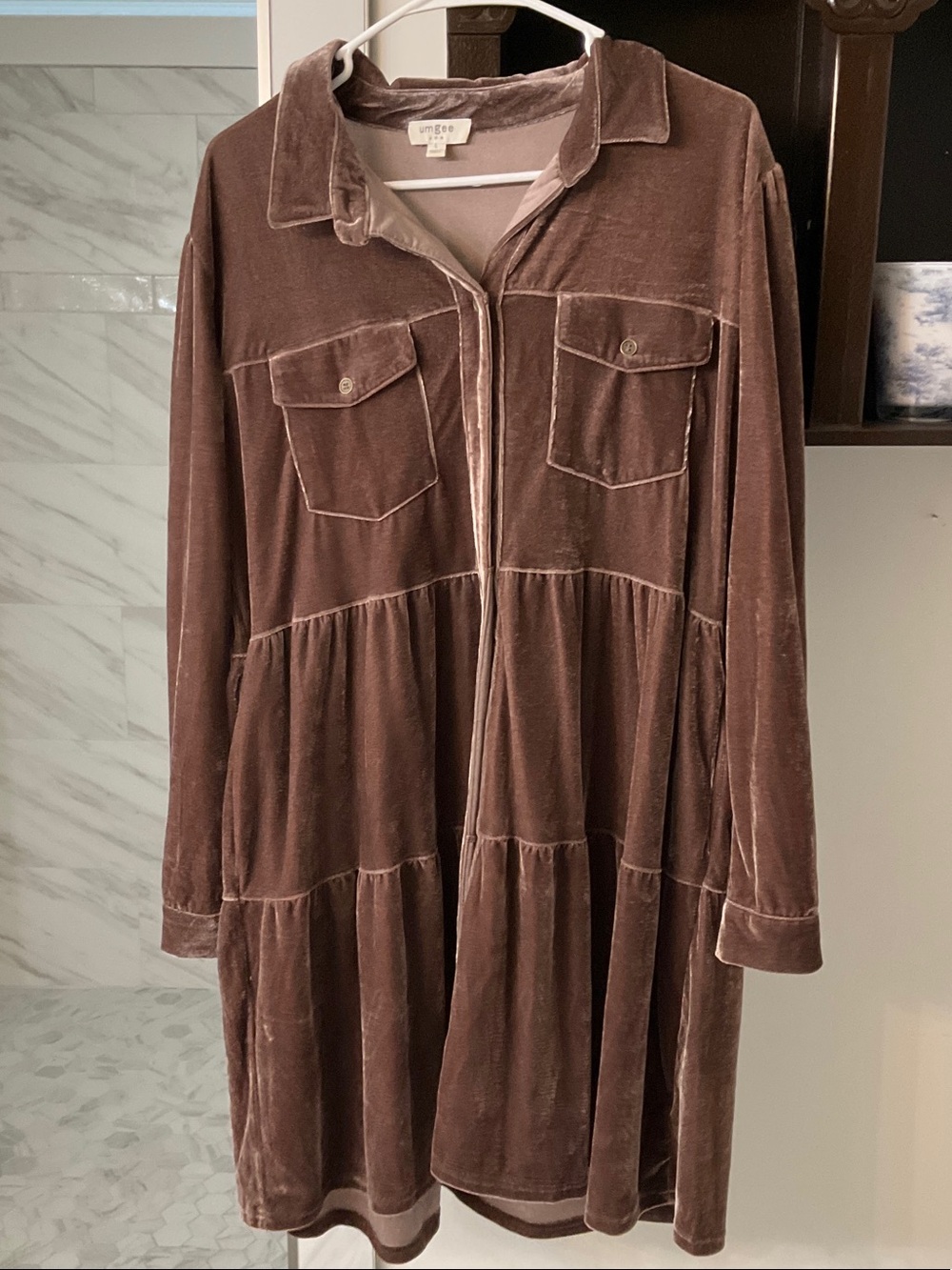 Umgee Dusty Brown Velvet Tiered Button-Front Dress
